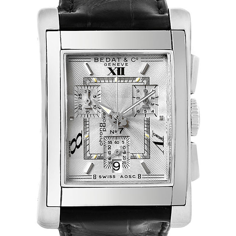 The image displays a front view of the Bedat 778.010.610 Men's Stainless Steel Silver Dial 778.010.610 Men's Stainless Steel Silver Dial No 7 Stainless Steel Chronograph Watch 778.010.610, showing the dial, case, and part of the strap.