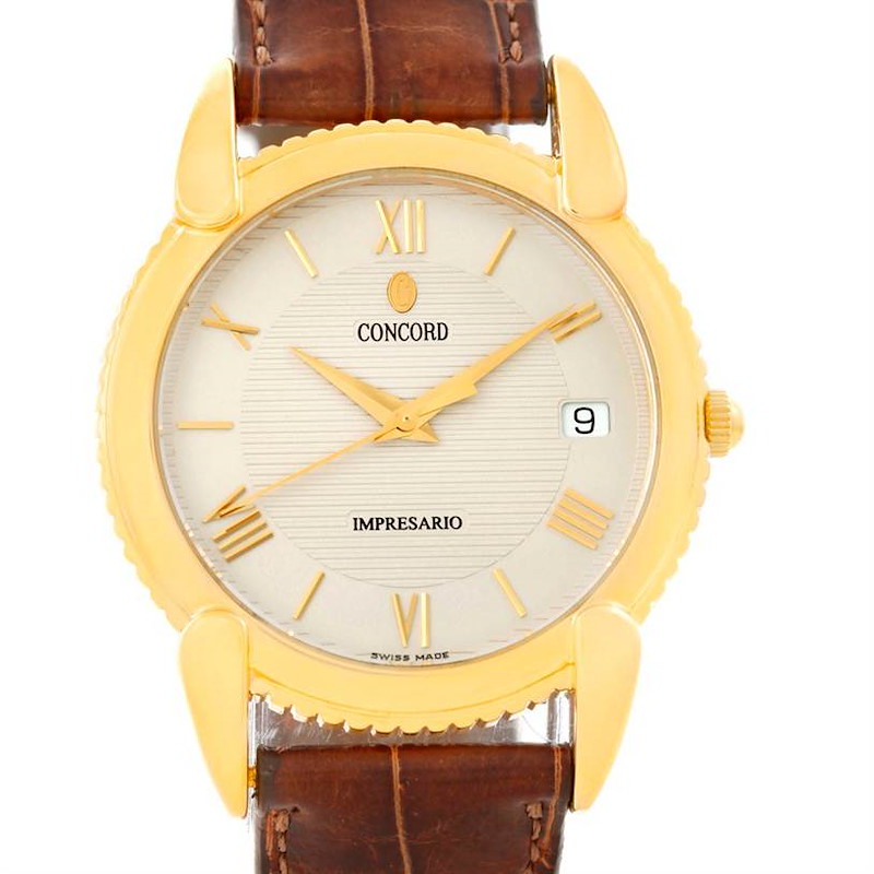 The image shows a front view of the Concord Impresario 18k Yellow Gold Brown Strap Watch 50-C2-212 model.