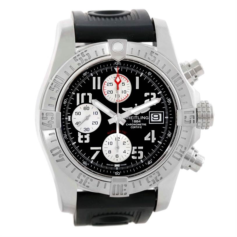 The Breitling Avenger A13381 Men's Stainless Steel Black Dial A13381 Men's Stainless Steel Black Dial watch is shown from a front view, displaying its bezel, dial, crown, pushers, and rubber strap.