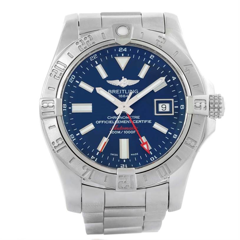 The image shows the front view of the Breitling Avenger A32390 Men's Stainless Steel Blue Dial A32390 Men's Stainless Steel Blue Dial watch, displaying the dial, bezel, and part of the bracelet.