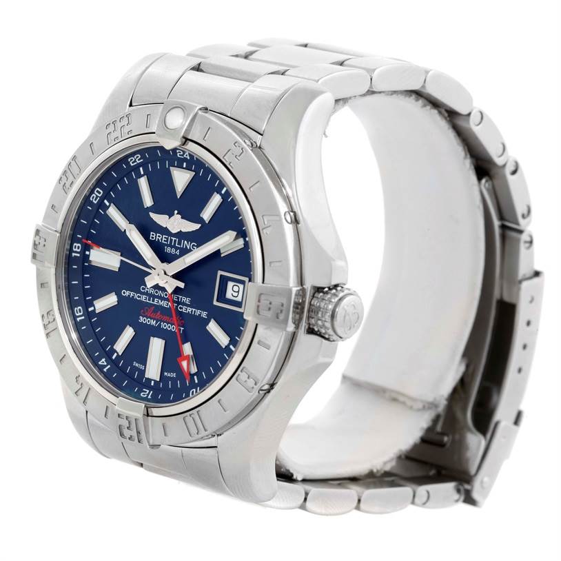 The image shows a Breitling Avenger A32390 Men's Stainless Steel Blue Dial A32390 Men's Stainless Steel Blue Dial watch from a front-side angle, highlighting the dial, bezel, crown, and part of the bracelet band.