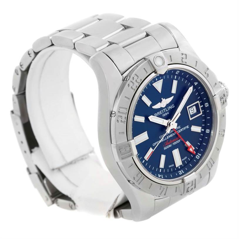 The image shows a Breitling Avenger A32390 Men's Stainless Steel Blue Dial A32390 Men's Stainless Steel Blue Dial watch at an angle showcasing its blue dial, bezel, case, and part of the bracelet.