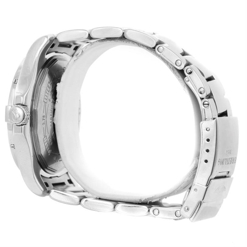 The image shows a Breitling Avenger A32390 Men's Stainless Steel Blue Dial A32390 Men's Stainless Steel Blue Dial watch from the side angle, highlighting its metallic bracelet and clasp.