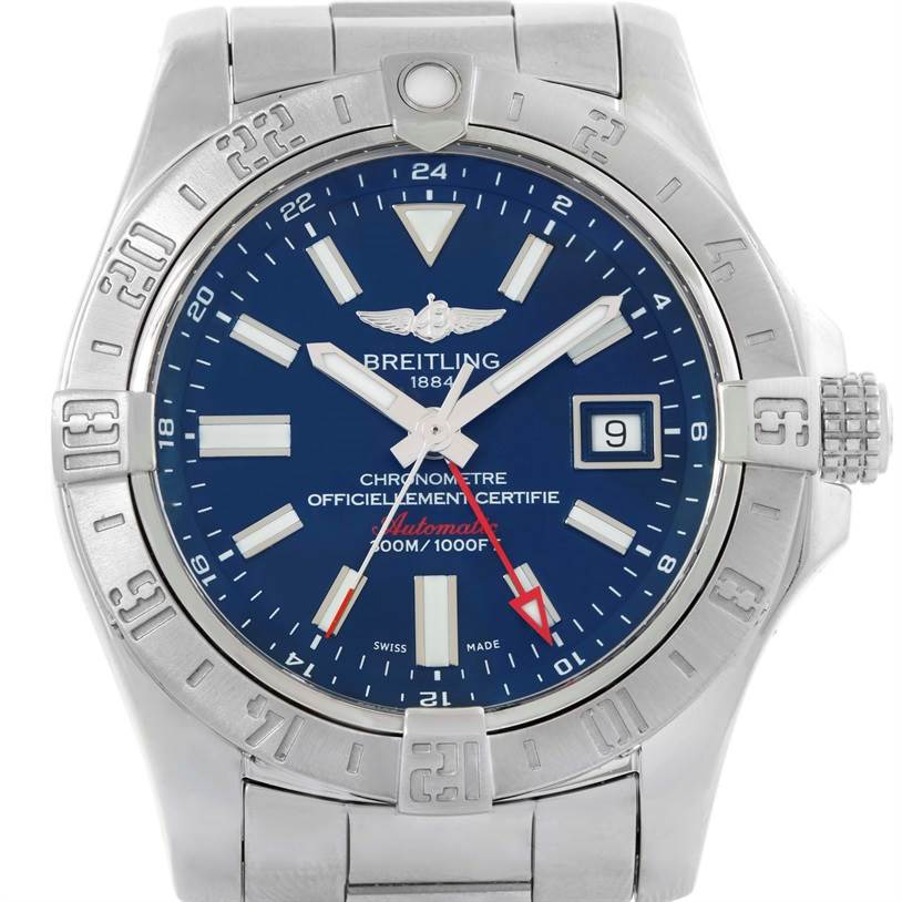 The image shows a front-facing view of a Breitling Avenger A32390 Men's Stainless Steel Blue Dial A32390 Men's Stainless Steel Blue Dial watch, displaying its blue dial, date window, and stainless steel case and bracelet.