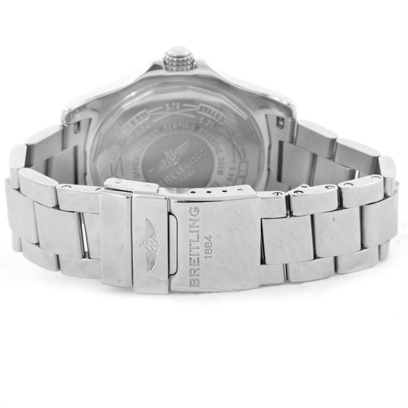 The image shows the back and clasp of a Breitling Avenger A32390 Men's Stainless Steel Blue Dial A32390 Men's Stainless Steel Blue Dial watch from a rear angle.