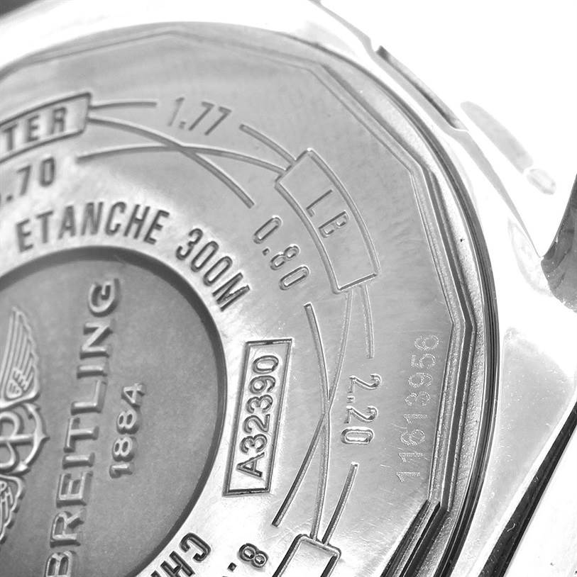 The image shows a close-up view of the case back of a Breitling Avenger A32390 Men's Stainless Steel Blue Dial A32390 Men's Stainless Steel Blue Dial watch, detailing its inscriptions and engravings.