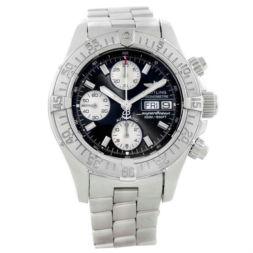 This image shows a front view of a Breitling Superocean A13340 Men's Stainless Steel Grey Dial A13340 Men's Stainless Steel Grey Dial watch with its steel case, bezel, bracelet, and chronograph features visible.