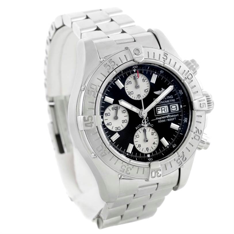 The Breitling Superocean A13340 Men's Stainless Steel Grey Dial A13340 Men's Stainless Steel Grey Dial watch is shown from a front-left angle, highlighting its dial, bezel, bracelet, and chronograph sub-dials.