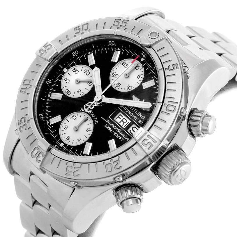 The image shows a Breitling Superocean A13340 Men's Stainless Steel Grey Dial A13340 Men's Stainless Steel Grey Dial watch at a slight angle, highlighting its bezel, chronograph dials, and metal strap.