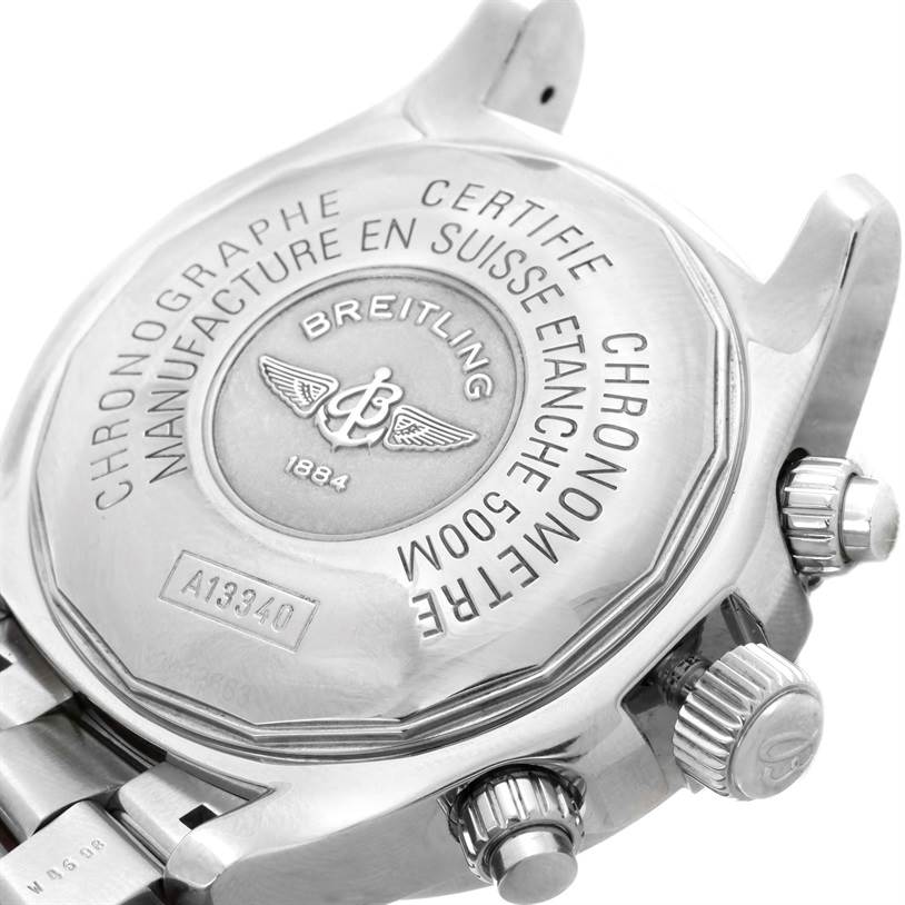 This image shows the backcase and crown of the Breitling Superocean A13340 Men's Stainless Steel Grey Dial A13340 Men's Stainless Steel Grey Dial watch at an angle.