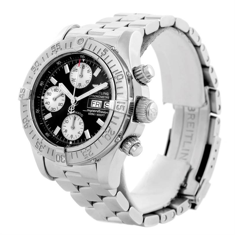 The Breitling Superocean A13340 Men's Stainless Steel Grey Dial A13340 Men's Stainless Steel Grey Dial watch is shown at a three-quarter angle, highlighting the dial, bezel, crown, pushers, and part of the bracelet.