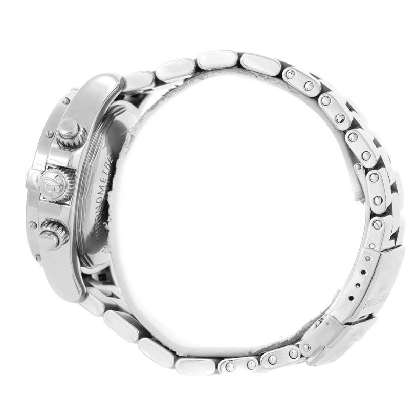 This is a side view of a Breitling Superocean A13340 Men's Stainless Steel Grey Dial A13340 Men's Stainless Steel Grey Dial watch showing the case, crown, pushers, and bracelet.