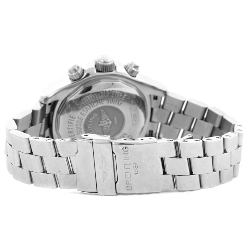 The image shows the back and clasp of a Breitling Superocean A13340 Men's Stainless Steel Grey Dial A13340 Men's Stainless Steel Grey Dial watch, displaying the logo and some engraved details on the bracelet.