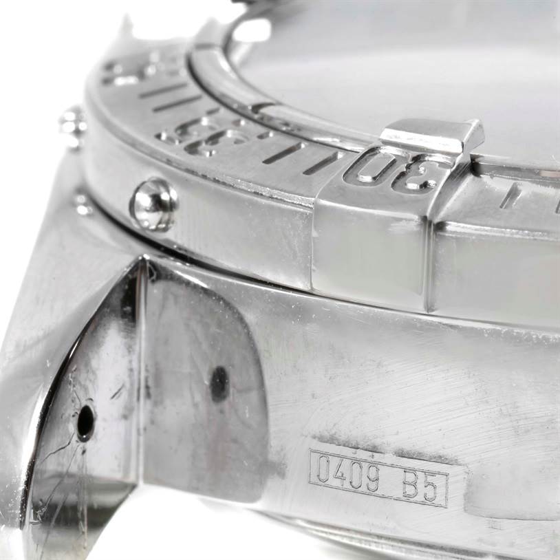 This close-up image of the Breitling Superocean A13340 Men's Stainless Steel Grey Dial A13340 Men's Stainless Steel Grey Dial watch shows the bezel, lugs, and part of the watch case.