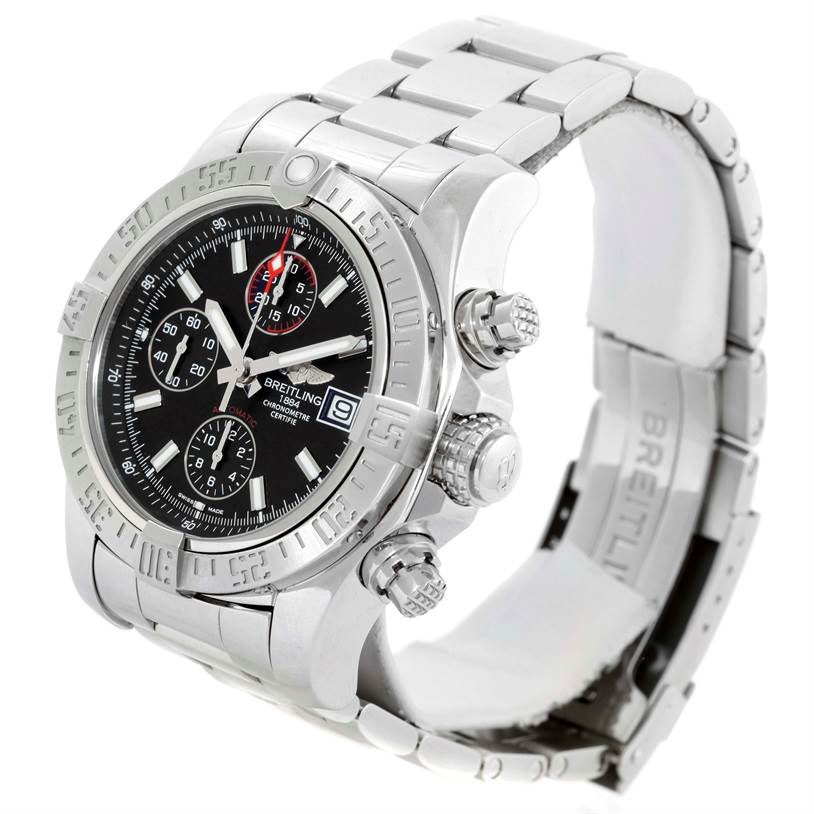 The Breitling Avenger A13381 Men's Stainless Steel Black Dial A13381 Men's Stainless Steel Black Dial watch is shown at a three-quarter angle, displaying the dial, bezel, crown, pushers, and bracelet.