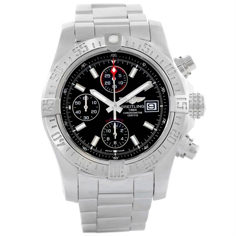 This image shows a front view of a Breitling Avenger A13381 Men's Stainless Steel Black Dial A13381 Men's Stainless Steel Black Dial watch, highlighting its stainless steel case, bezel, dial, and bracelet.