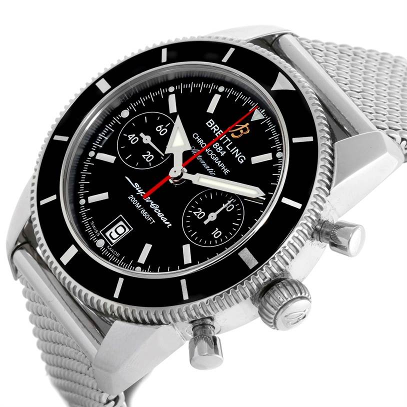 The image shows a close-up angle of a Breitling Superocean A23370 Men's Stainless Steel Black Dial A23370 Men's Stainless Steel Black Dial watch, highlighting the dial, bezel, crown, pushers, and part of the metal bracelet.