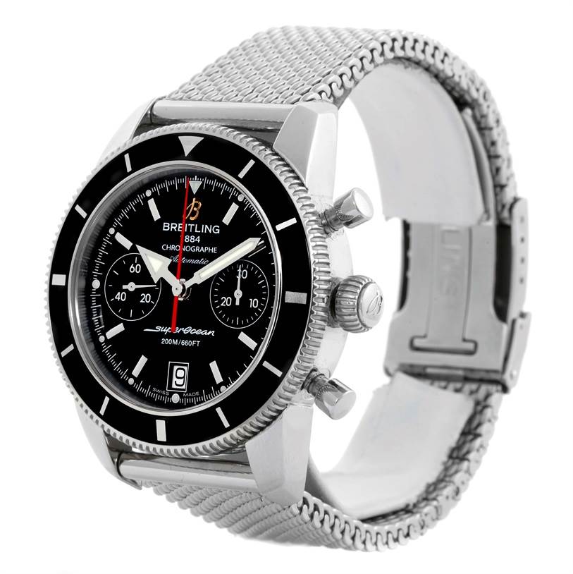 The Breitling Superocean A23370 Men's Stainless Steel Black Dial A23370 Men's Stainless Steel Black Dial watch is shown at an angled side view, highlighting the dial, case, crown, pushers, and the metal bracelet.