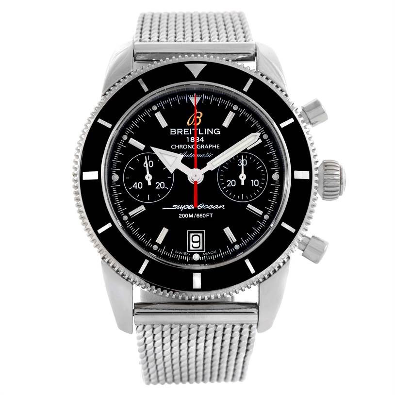 This image shows the front angle of a Breitling Superocean A23370 Men's Stainless Steel Black Dial A23370 Men's Stainless Steel Black Dial watch, highlighting the face, bezel, crown, and metal mesh strap.