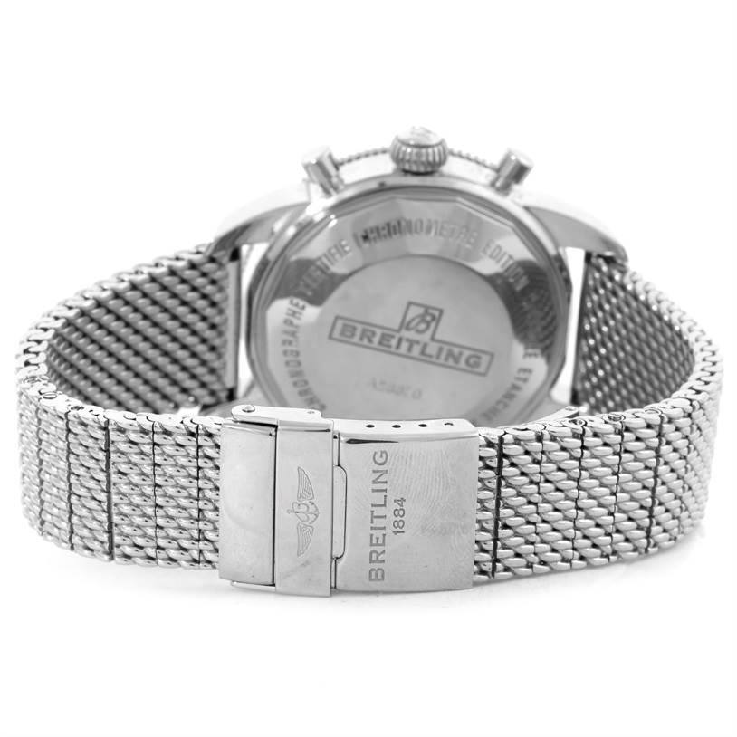 The image shows the back view of a Breitling Superocean A23370 Men's Stainless Steel Black Dial A23370 Men's Stainless Steel Black Dial watch, highlighting the case back and metal mesh band with clasp.