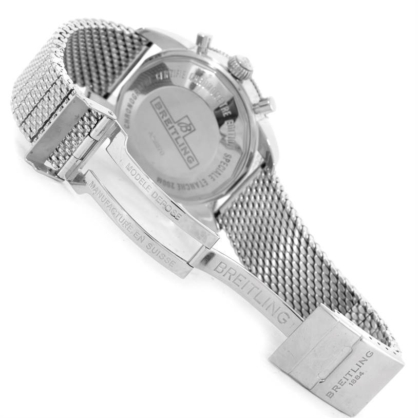 This image shows the back case and mesh strap of a Breitling Superocean A23370 Men's Stainless Steel Black Dial A23370 Men's Stainless Steel Black Dial watch, along with the open clasp.