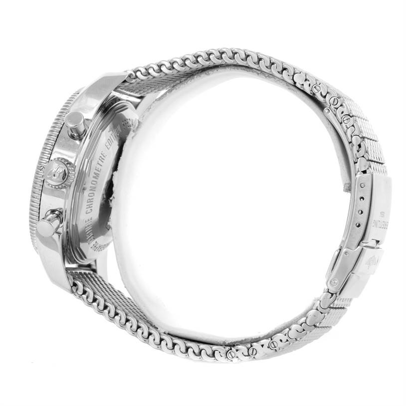 The image shows the side view of a Breitling Superocean A23370 Men's Stainless Steel Black Dial A23370 Men's Stainless Steel Black Dial watch, highlighting the case, pushers, and the mesh bracelet.