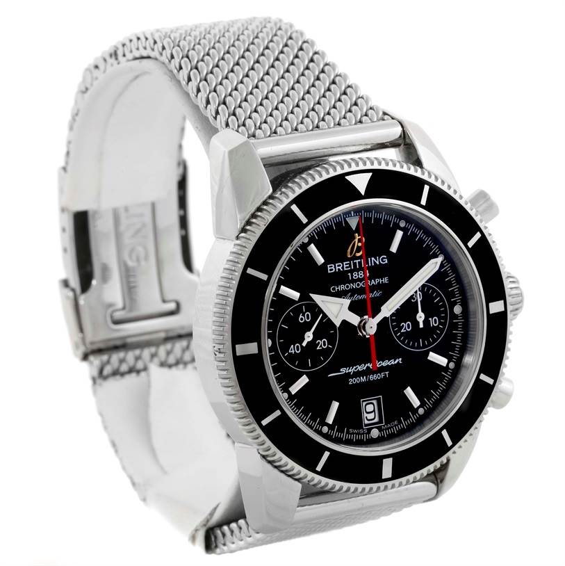The image shows a Breitling Superocean A23370 Men's Stainless Steel Black Dial A23370 Men's Stainless Steel Black Dial watch at a front-angle, highlighting the dial, bezel, and mesh strap.