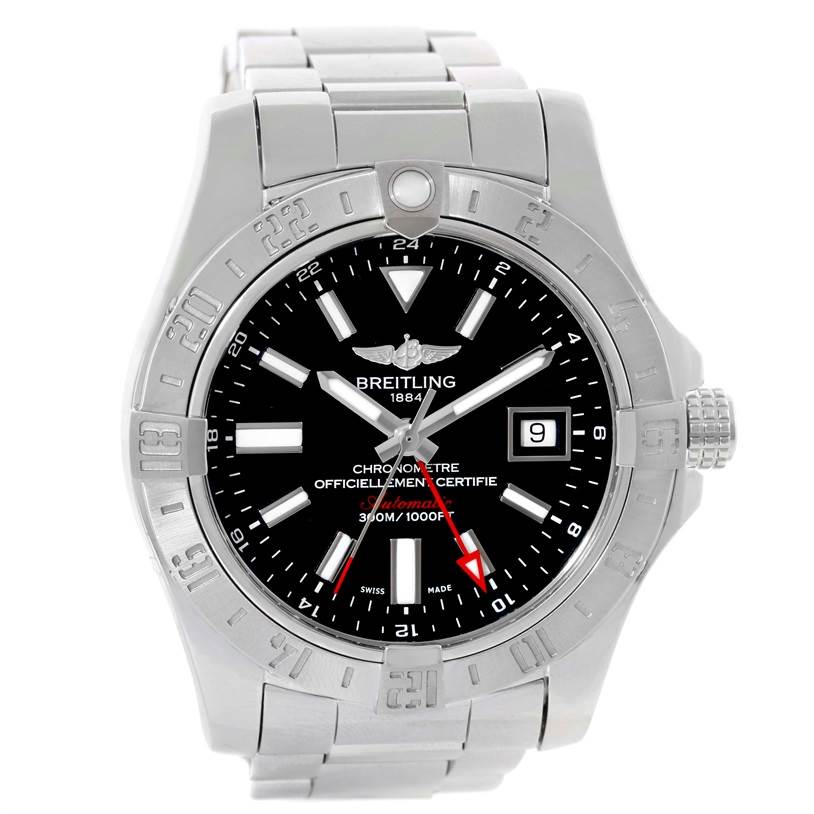 The Breitling Avenger A32390 Men's Stainless Steel Black Dial A32390 Men's Stainless Steel Black Dial watch is shown from the front, displaying its face, bezel, and part of the metal bracelet.