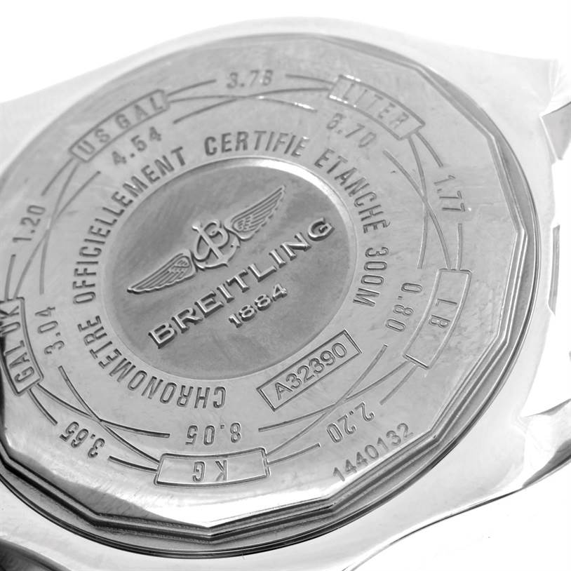 The image shows the back case of a Breitling Avenger A32390 Men's Stainless Steel Black Dial A32390 Men's Stainless Steel Black Dial watch, highlighting the model information and certification details.