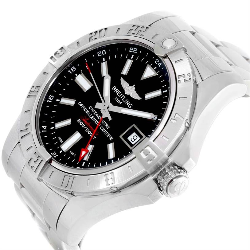 The image shows a close-up angled view of a Breitling Avenger A32390 Men's Stainless Steel Black Dial A32390 Men's Stainless Steel Black Dial watch, featuring its black dial, stainless steel bezel, and bracelet.