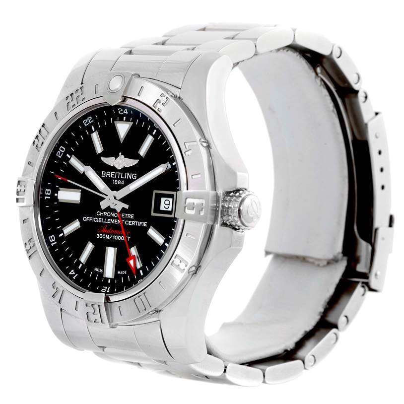 The Breitling Avenger A32390 Men's Stainless Steel Black Dial A32390 Men's Stainless Steel Black Dial watch is shown at a 3/4 angle, displaying its face, bezel, crown, and metal bracelet.