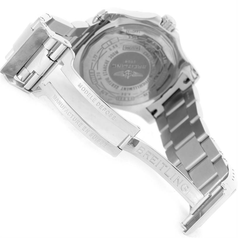 The image shows the back case and stainless steel bracelet clasp of a Breitling Avenger A32390 Men's Stainless Steel Black Dial A32390 Men's Stainless Steel Black Dial watch.