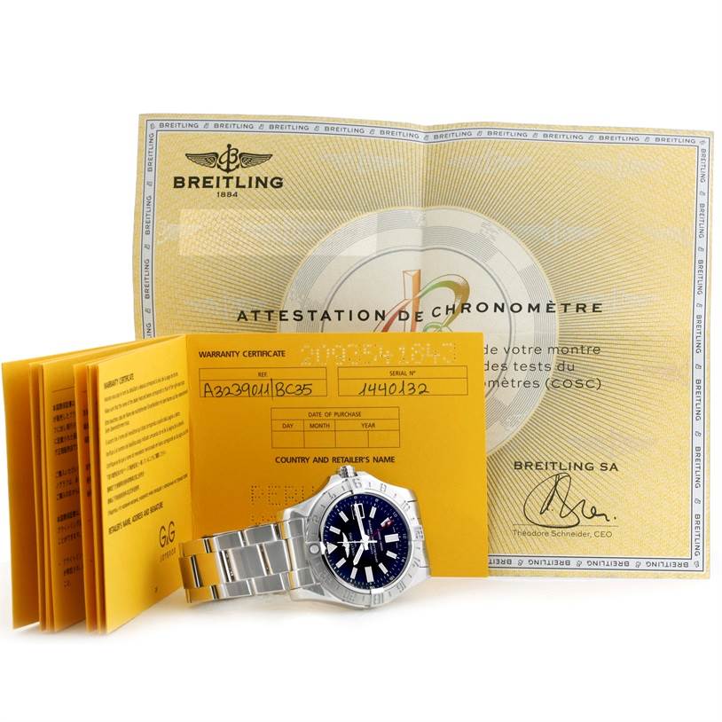 The image shows a Breitling Avenger A32390 Men's Stainless Steel Black Dial A32390 Men's Stainless Steel Black Dial watch lying flat with warranty certificates and a chronometer attestation document.