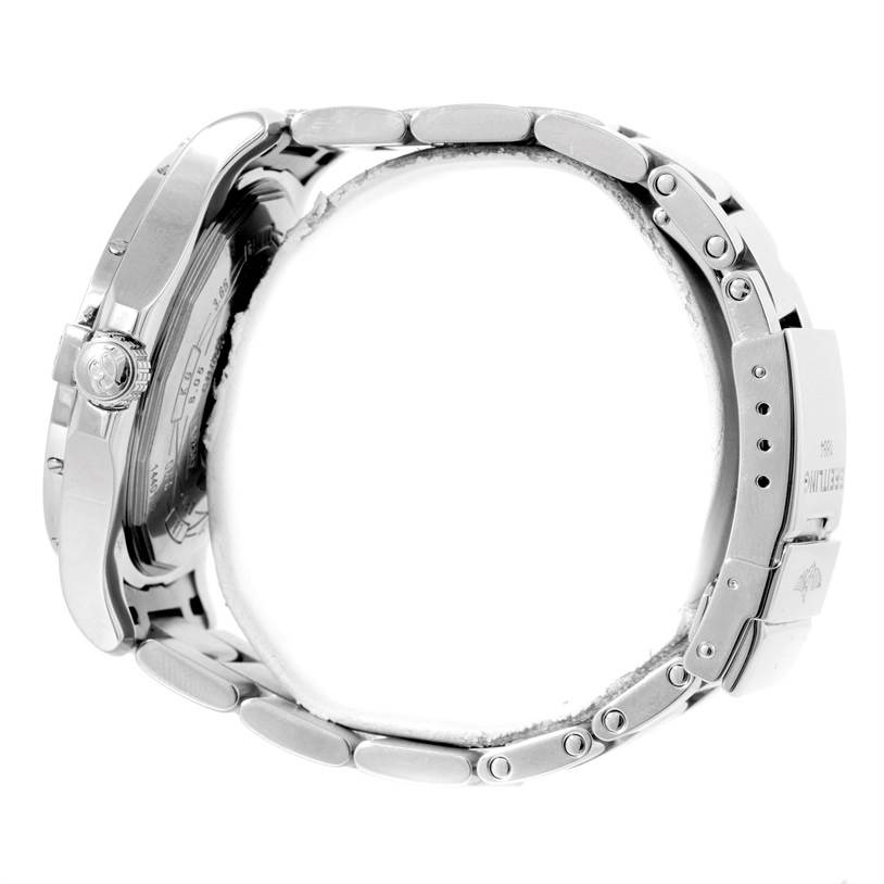 The image shows a side view of the Breitling Avenger A32390 Men's Stainless Steel Black Dial A32390 Men's Stainless Steel Black Dial watch, highlighting the case and stainless steel bracelet.