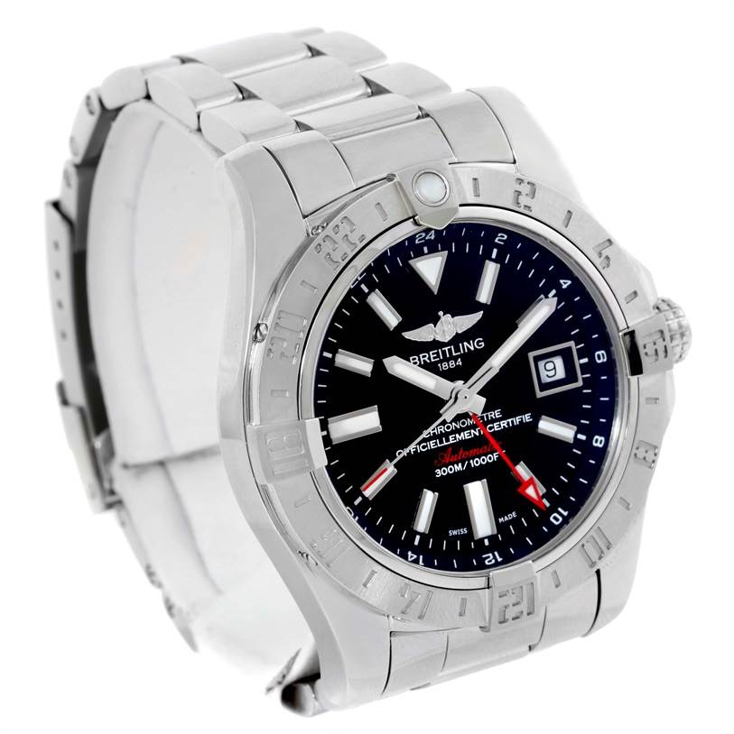 The Breitling Avenger A32390 Men's Stainless Steel Black Dial A32390 Men's Stainless Steel Black Dial watch is shown at a three-quarter angle, revealing the dial, bezel, and metal bracelet.