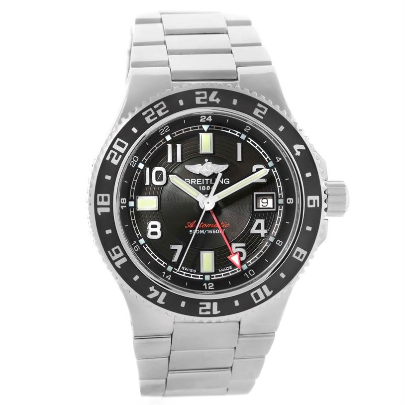 A Breitling Superocean A32380 Men's Stainless Steel Grey Dial A32380 Men's Stainless Steel Grey Dial watch is shown from the front angle, displaying its dial, bezel, and bracelet.
