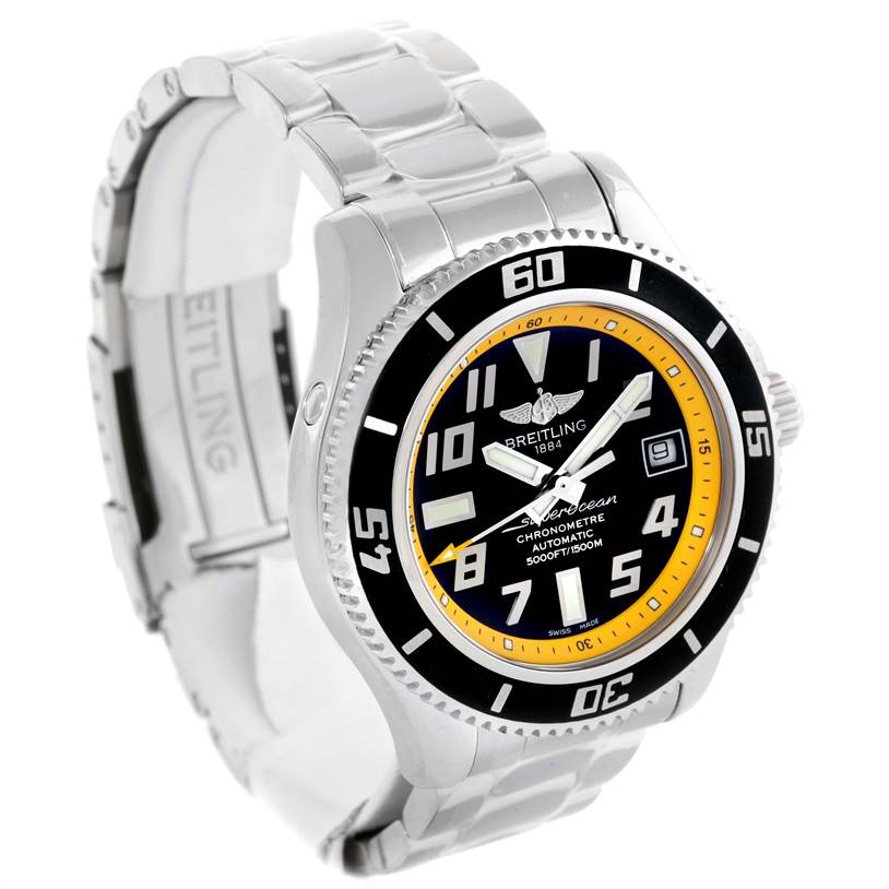 The Breitling Superocean A17364 Men's Stainless Steel Black Dial A17364 Men's Stainless Steel Black Dial watch is shown from a front angle displaying its face, bezel, crown, and stainless steel bracelet.