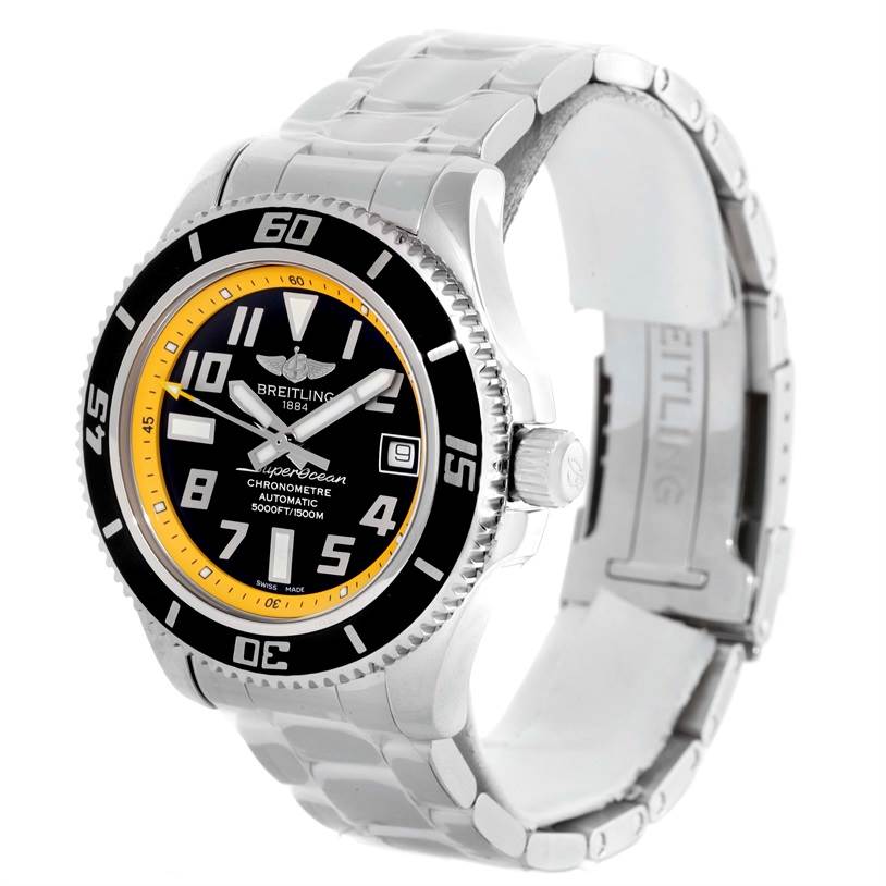The image shows a side angle of a Breitling Superocean A17364 Men's Stainless Steel Black Dial A17364 Men's Stainless Steel Black Dial watch, detailing the face, bezel, and metal bracelet.