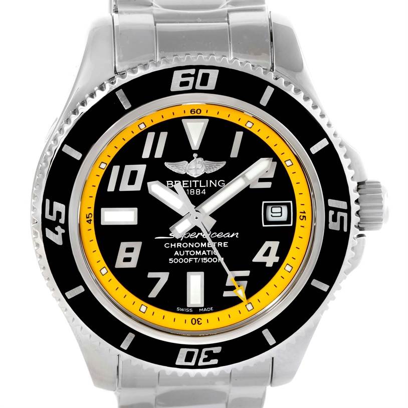 The image shows a Breitling Superocean A17364 Men's Stainless Steel Black Dial A17364 Men's Stainless Steel Black Dial watch front view, featuring the bezel, dial, hands, and bracelet.