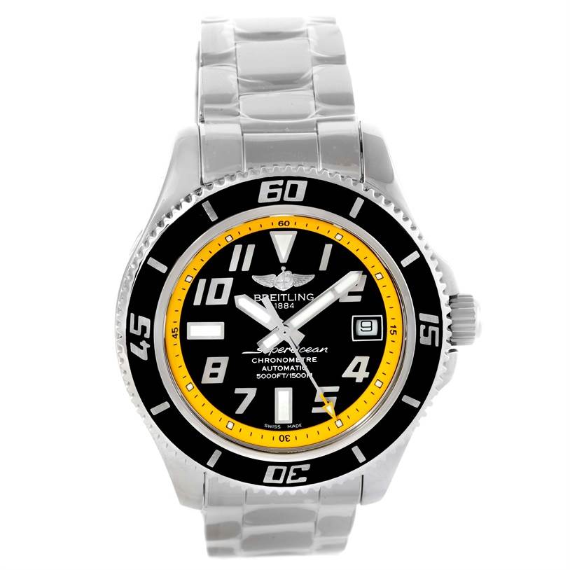 This image shows a front view of a Breitling Superocean A17364 Men's Stainless Steel Black Dial A17364 Men's Stainless Steel Black Dial watch, highlighting its face, bezel, and stainless steel bracelet.