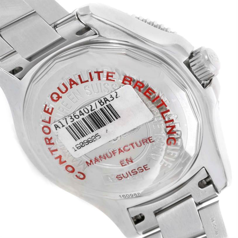 The image shows the back case of a Breitling Superocean A17364 Men's Stainless Steel Black Dial A17364 Men's Stainless Steel Black Dial watch, highlighting the crown and part of the bracelet.