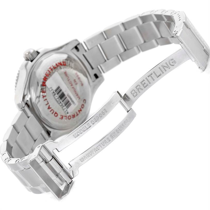 The image shows the open clasp and caseback of the Breitling Superocean A17364 Men's Stainless Steel Black Dial A17364 Men's Stainless Steel Black Dial watch.