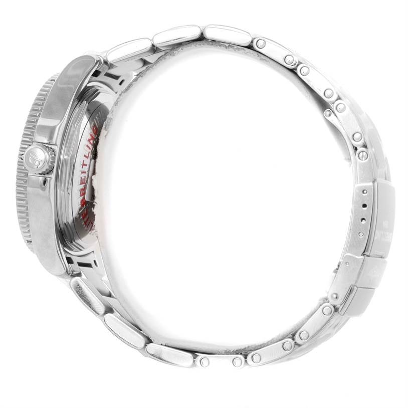 This is a side view of the Breitling Superocean A17364 Men's Stainless Steel Black Dial A17364 Men's Stainless Steel Black Dial watch, showing the band, bezel, and crown.