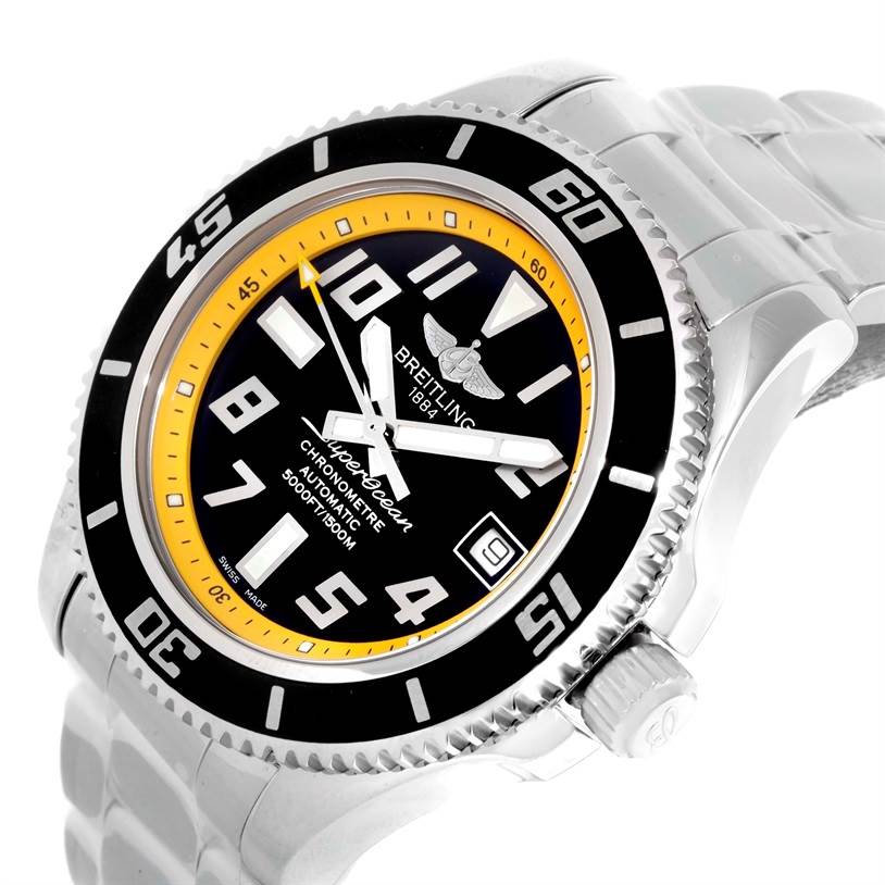 The Breitling Superocean A17364 Men's Stainless Steel Black Dial A17364 Men's Stainless Steel Black Dial watch is shown from a front-left angle, displaying the bezel, dial, and bracelet.