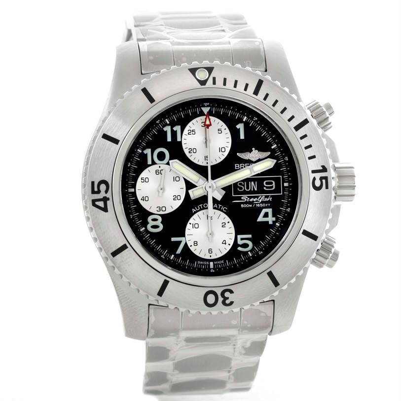 This image shows a frontal view of a Breitling Superocean A13341C3/BD19 Men's Stainless Steel Black Dial A13341C3/BD19 Men's Stainless Steel Black Dial watch, highlighting the bezel, dial, hands, and chronograph counters.