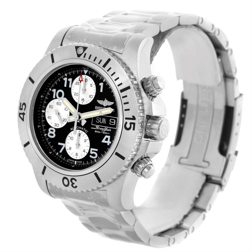 The image shows a Breitling Superocean A13341C3/BD19 Men's Stainless Steel Black Dial A13341C3/BD19 Men's Stainless Steel Black Dial watch viewed from a front angle, highlighting the dial, bezel, crown, and strap.