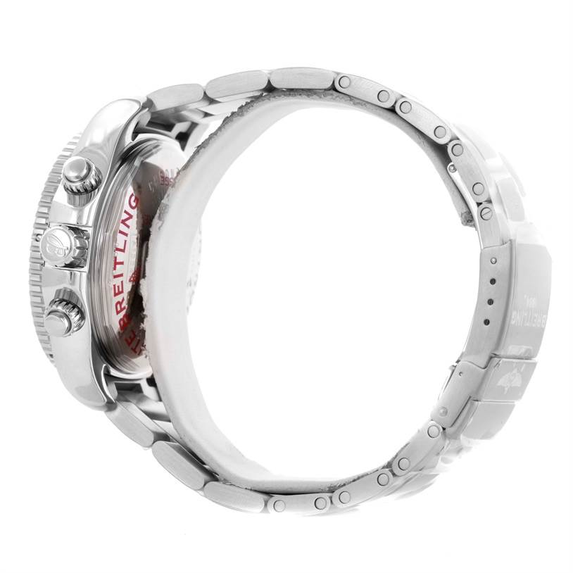 The image shows a side view of the Breitling Superocean A13341C3/BD19 Men's Stainless Steel Black Dial A13341C3/BD19 Men's Stainless Steel Black Dial watch, focusing on the case, crown, pushers, and part of the metal bracelet.