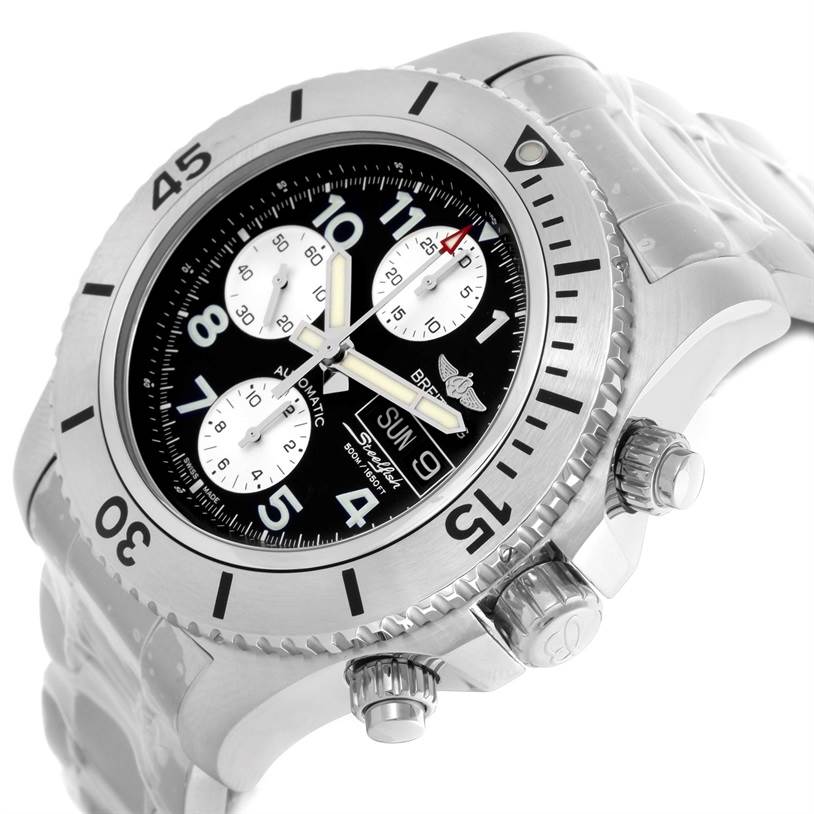 The Breitling Superocean A13341C3/BD19 Men's Stainless Steel Black Dial A13341C3/BD19 Men's Stainless Steel Black Dial watch is shown from an angled side view, highlighting the bezel, dial, crown, pushers, and part of the bracelet.