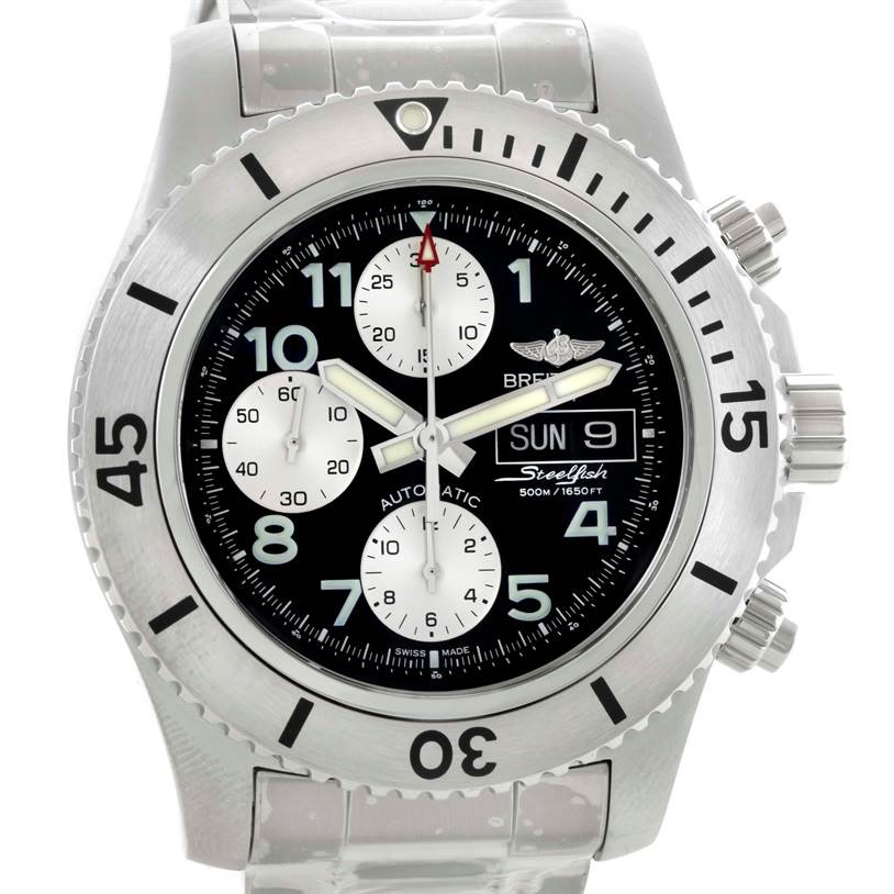 This image shows a front view of the Breitling Superocean A13341C3/BD19 Men's Stainless Steel Black Dial A13341C3/BD19 Men's Stainless Steel Black Dial model, highlighting its dial, bezel, day/date display, and pushers.