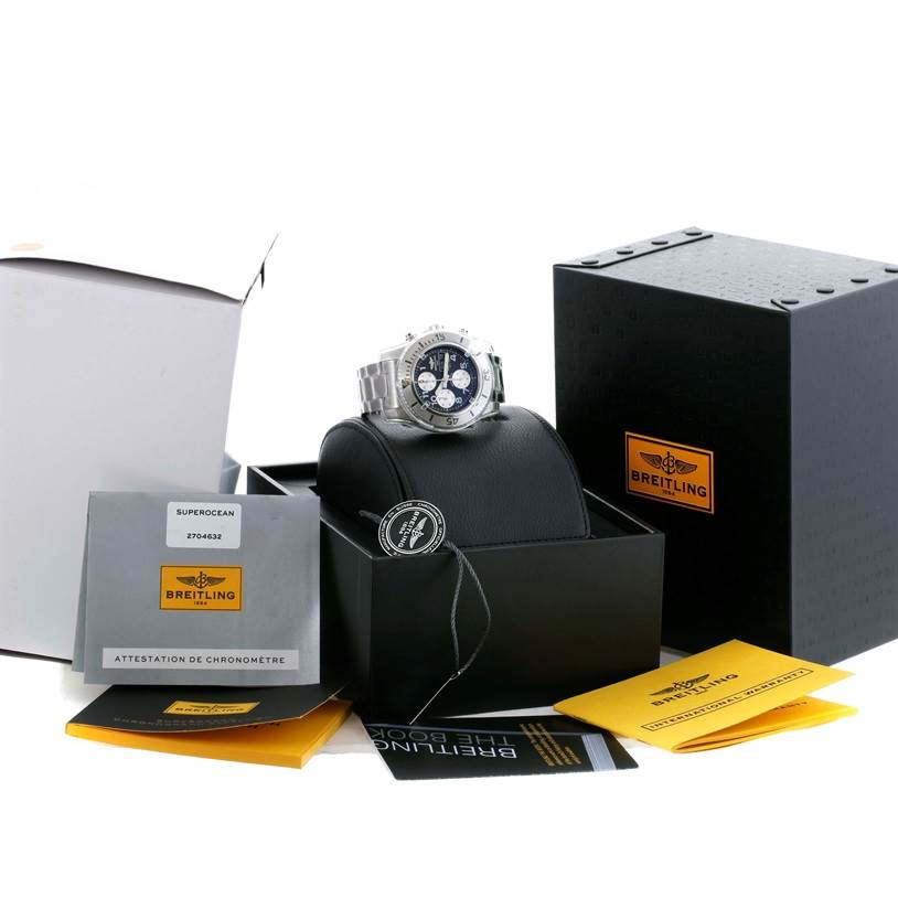 The Breitling Superocean A13341C3/BD19 Men's Stainless Steel Black Dial A13341C3/BD19 Men's Stainless Steel Black Dial watch is shown from a front angle, including its box, tags, and documentation.